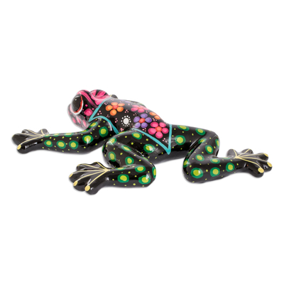 Costa Rican Hand Painted Black Floral Ceramic Frog Figurine