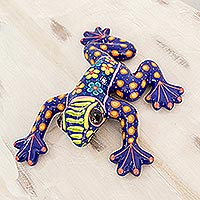 Ceramic figurine, 'Blue Floral Frog' - Costa Rican Hand Painted Blue Floral Ceramic Frog Figurine