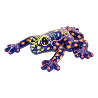 Costa Rican Hand Painted Blue Floral Ceramic Frog Figurine