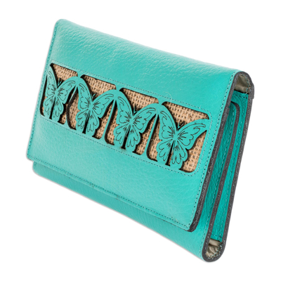 Leather wallet, 'Turquoise Butterflies' - Jute Trim Turquoise Leather Butterfly Wallet