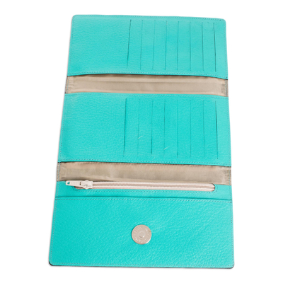 Leather wallet, 'Turquoise Butterflies' - Jute Trim Turquoise Leather Butterfly Wallet