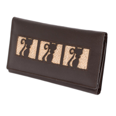 Leather wallet, 'Brown Kitty Cats' - Kitty Cat Jute Trim Brown Leather Wallet