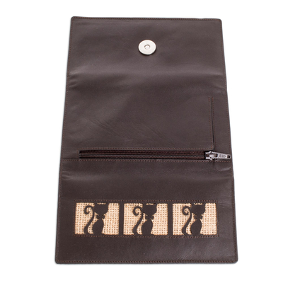 Leather wallet, 'Brown Kitty Cats' - Kitty Cat Jute Trim Brown Leather Wallet