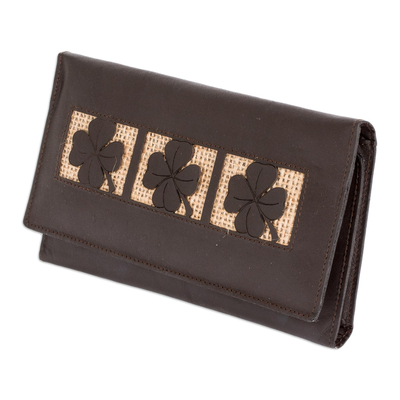 Leather wallet, 'Brown Lucky Clover' - Clover Theme Jute Trim Brown Leather Wallet