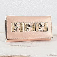 Leather wallet, 'Pale Pink Kitty Cats' - Kitty Cat Jute Trim Pale Pink Leather Wallet