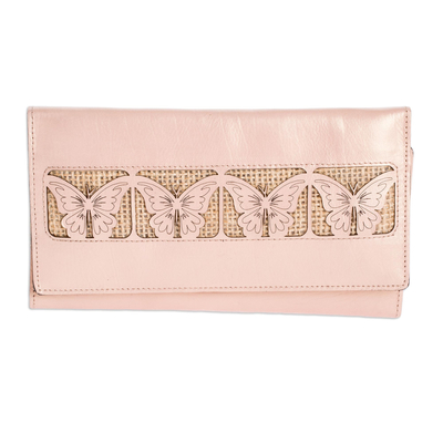 Leather wallet, 'Pale Pink Butterflies' - Jute Trim Pale Pink Leather Butterfly Wallet