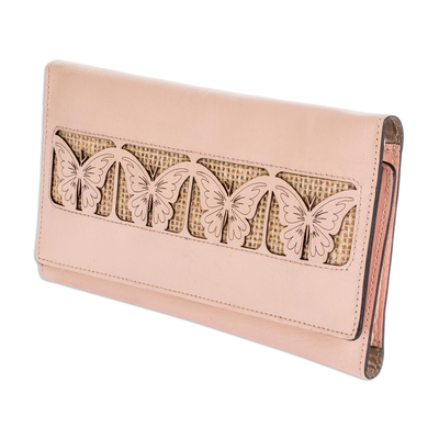 Clutch-Handtasche aus Leder, 'Pale Pink Butterflies' - Handtasche mit Jutebesatz und Schmetterling aus Leder in Hellrosa