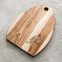 Wood cutting board, 'Laurel Macaw and Flowers' - Handcrafted Laurel Wood Cutting Board from Costa Rica