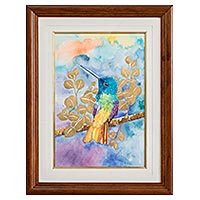 'Leaves of Gold' - Framed Hummingbird Watercolour Painting from Costa Rica