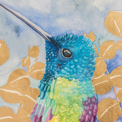 'Leaves of Gold' - Framed Hummingbird Watercolor Painting from Costa Rica