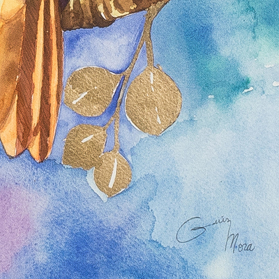 'Leaves of Gold' - Framed Hummingbird Watercolor Painting from Costa Rica