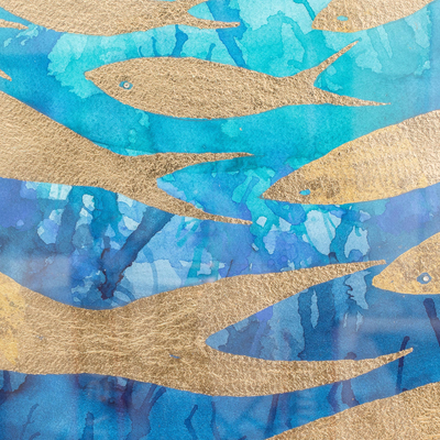 'Beauty in the Sea' - Öl auf Leinwand mit Fischen im Ozean in Blau und Gold