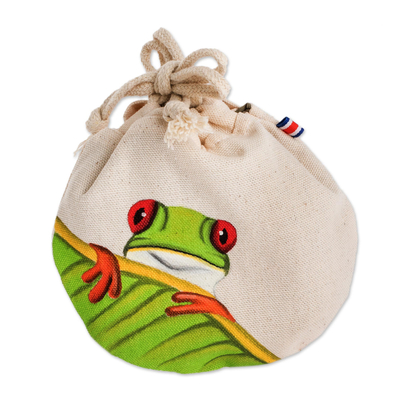 Cotton pouch, 'Red-Eyed Tree Frog' - Costa Rican Hand Painted Frog Theme Cotton Drawstring Pouch