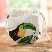Cotton pouch, 'Keel-Billed Toucan' - Costa Rican Hand Painted Toucan Cotton Drawstring Pouch