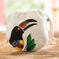 Cotton pouch, 'Ariel Toucan' - Hand Painted Costa Rican Toucan Cotton Drawstring Pouch