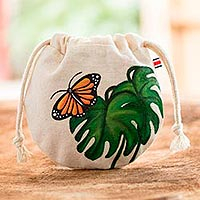 Bolsa de algodón, 'Migratory Monarch' - Bolsa de algodón con cordón de mariposa monarca pintada a mano