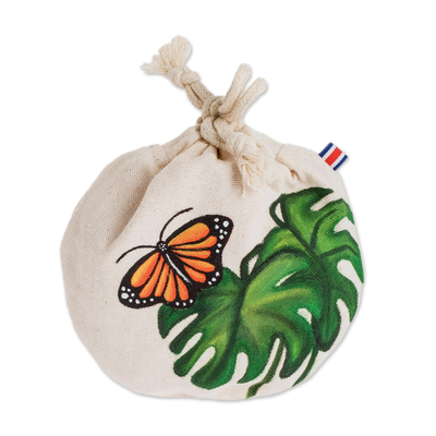 Hand Painted Monarch Butterfly Cotton Drawstring Pouch