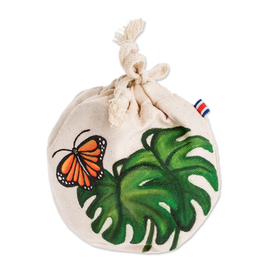 Cotton pouch, 'Migratory Monarch' - Hand Painted Monarch Butterfly Cotton Drawstring Pouch