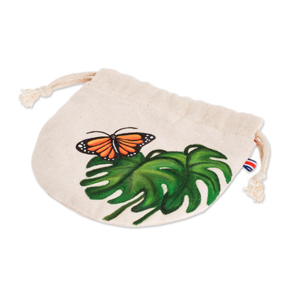 Cotton pouch, 'Migratory Monarch' - Hand Painted Monarch Butterfly Cotton Drawstring Pouch