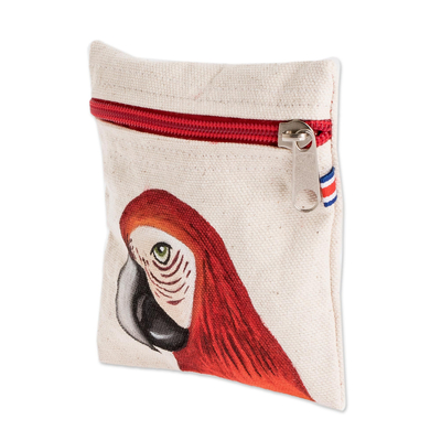 Cotton coin purse, 'Wise Scarlet Macaw' - Costa Rican Hand Painted Red Macaw Cotton Coin Purse
