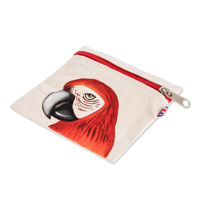Cotton coin purse, 'Wise Scarlet Macaw' - Costa Rican Hand Painted Red Macaw Cotton Coin Purse
