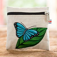 Cotton coin purse, 'Beautiful Blue Morpho' - Costa Rican Hand Painted Blue Butterfly Cotton Coin Purse