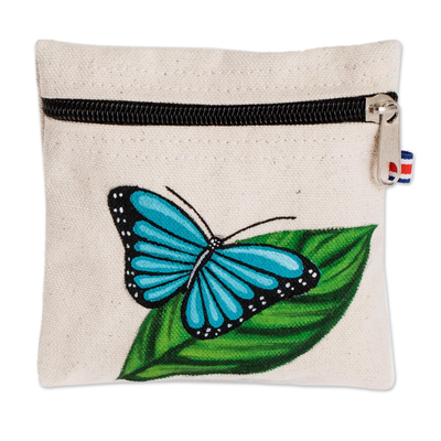 Costa Rican Hand Painted Blue Butterfly Cotton Coin Purse
