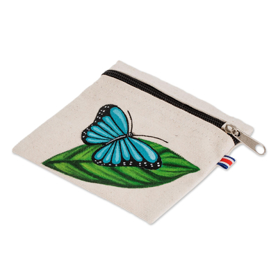 Monedero de algodón - Monedero costarricense de algodon mariposa azul pintado a mano