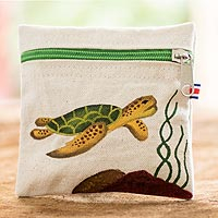 Cotton coin purse, 'Yellow Sea Turtle' - Costa Rican Hand Painted Sea Turtle Cotton Coin Purse