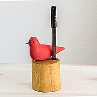 Wood pencil holder, 'Red Summer Tanager' - Hand Carved Summer Tanager Bird Balsa Wood Pencil Holder