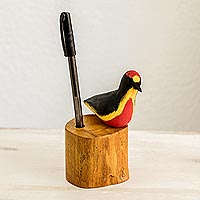 Wood pencil holder, 'Crimson Crested Woodpecker' - Hand Carved Red Crested Woodpecker Bird Wood Pencil Holder