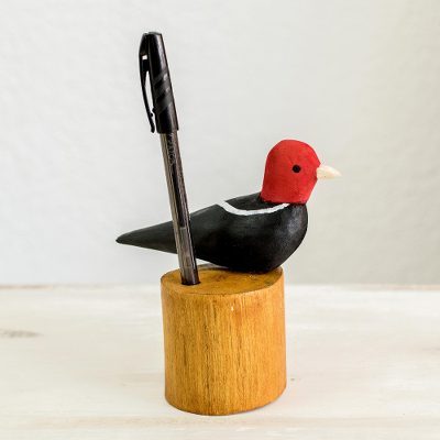 Wood pencil holder, 'Bird in My Garden' - colourful Hand Carved Costa Rican Bird Wood Pencil Holder