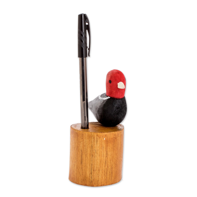 Wood pencil holder, 'Bird in My Garden' - colourful Hand Carved Costa Rican Bird Wood Pencil Holder