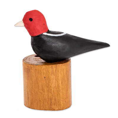 Wood pencil holder, 'Bird in My Garden' - colourful Hand Carved Costa Rican Bird Wood Pencil Holder