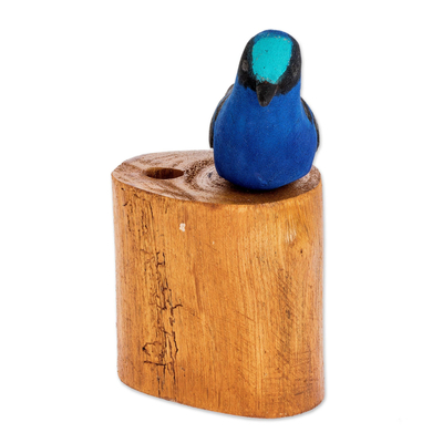 Portalápices de madera - Portalápices de madera de pájaro 'mielero turquesa' tallado a mano