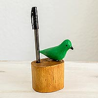 Wood pencil holder, 'Green Honeycreeper' - Female Green Honeycreeper Bird Wood Pencil Holder from Costa