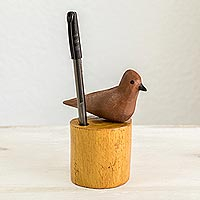 Wood pencil holder, 'Clay Colored Thrush' - Hand Carved Costa Rican Clay Colored Thrush Pencil Holder