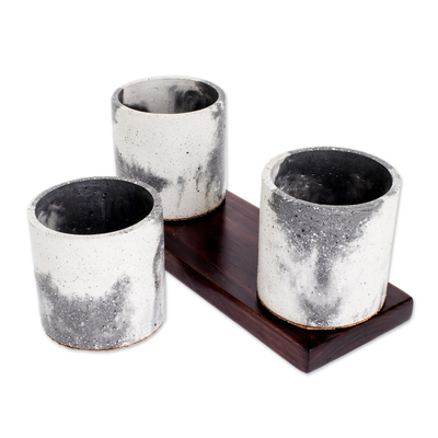 Concrete planters and wood stand, 'Flowers From My Garden' (set of 3) - Handcrafted Small Concrete Planters (Set of 3)