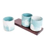 Cement mini flower pots with mahogany base, 'Abstract Waves' (set of 3) - Ocean-Inspired Flower Pots on Mahogany Base (Set of 3)