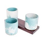 Cement mini flower pots with mahogany base, 'Abstract Waves' (set of 3) - Ocean-Inspired Flower Pots on Mahogany Base (Set of 3)