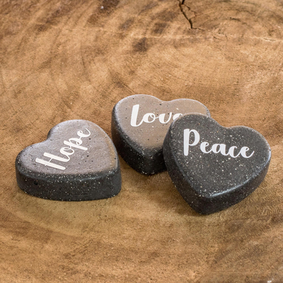 Concrete home accents, 'Love, Peace and Hope' (set of 3) - Handmade Concrete Home Accents (Set of 3)