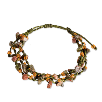 Unakite beaded wristband bracelet, 'Natural Allure in Olive' - Natural Unakite Beaded Bracelet