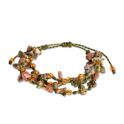 Unakite beaded wristband bracelet, 'Natural Allure in Olive' - Natural Unakite Beaded Bracelet