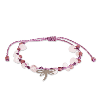 Rose quartz beaded charm bracelet, 'Dragonfly Rose' - Handmade Rose Quartz Bracelet