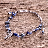 Lapis lazuli beaded charm bracelet, 'Blue Fish' - Fishbone Charm Lapis Lazuli Bracelet