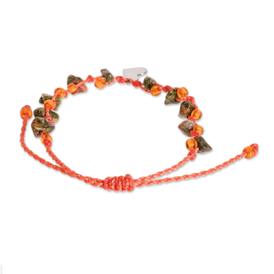 Unakite beaded charm bracelet, 'Melon Heart' - Beaded Unakite Charm Bracelet