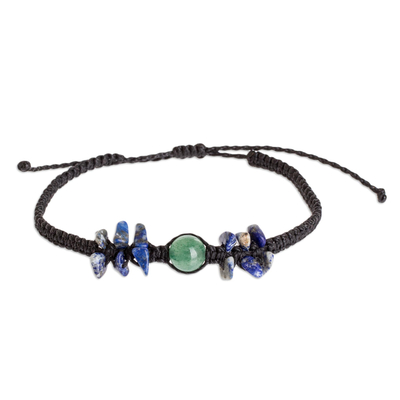 Lapis lazuli and quartz macrame wristband bracelet, 'Green Globe' - Quartz and Lapis Macrame Bracelet