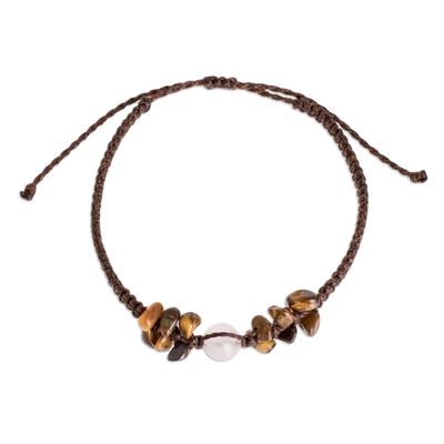 Tiger's eye and rose quartz macrame pendant bracelet, 'Tiger Rose' - Natural Gemstone Macrame Bracelet