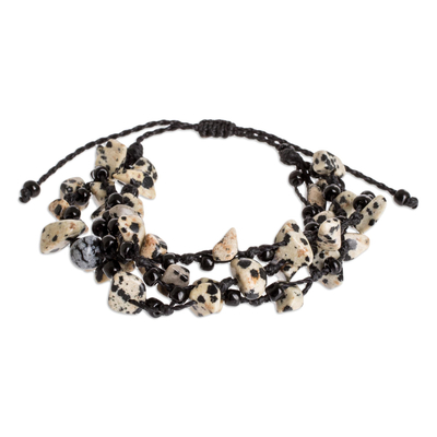 Dalmatian jasper beaded wristband bracelet, 'Natural Allure in Black' - Handmade Dalmatian Jasper Bracelet