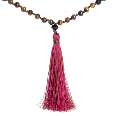 Tiger's eye long beaded necklace, 'Bohemian Tiger' - Natural Tiger's Eye Necklace